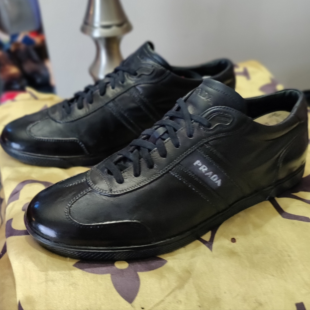 Black canvas and leather prada sneakers